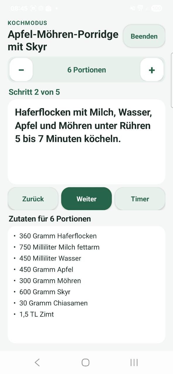 Nuvaja-Kochmodus mit Schritt zwei von fünf, Portionswahl und Zutatenliste