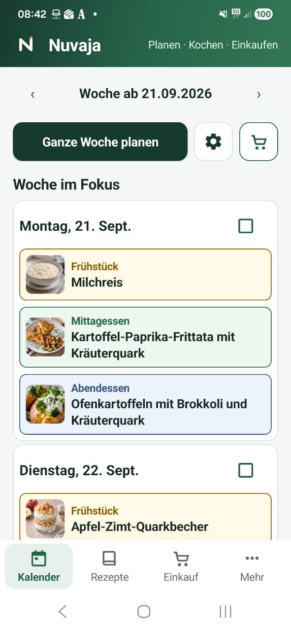 Nuvaja-Wochenansicht mit geplanten Mahlzeiten für Montag und Dienstag